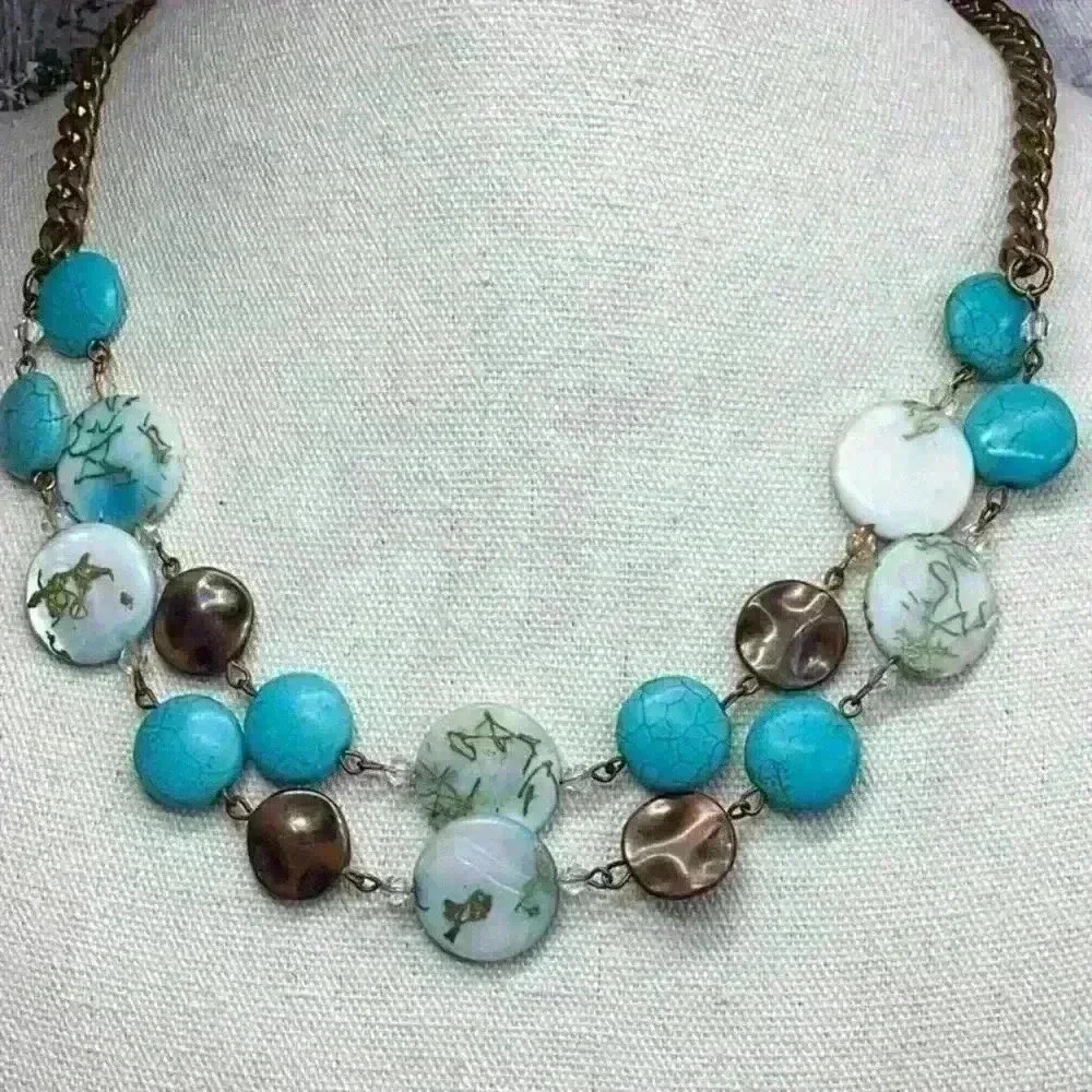 Gunmetal White and Turquoise Color - Circular Stone Necklace Blue